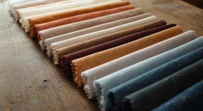 Paletas de cores com tecidos em uma mesa