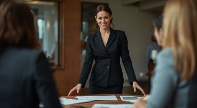 Um linda mulher de 35 anos, em pé diante de empresárias, bem vestida de preto, com um sorriso, mostrando algo em uma mesa redonda cheia de papeis.