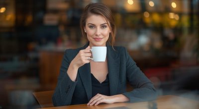 Um linda mulher de 35 anos, sentada bem vestida, tomando um café, com um sorriso em uma cafeteria. (1)